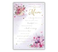 Kingfisher Cards Special Mum Birthday Card - Happy Birthday Card for Women with Sentimental Poem, Floral Cake and Presents Design with a Foil Finish