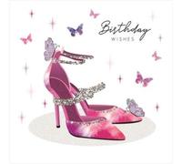 Kingfisher Birthday Card with Glitter Pink High Heels, Butterflies, Stars Design, Happy Birthday Message