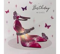 Kingfisher Birthday Card with Glitter Pink High Heels, Butterflies, Stars Design, Happy Birthday Message