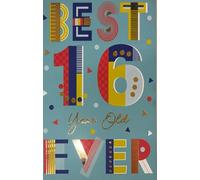 Kingfisher Cards 16th Birthday Card, Best 16 Year Old Ever Design with Gold Foil Accents, Colourful Typography on Blue Background, Includes Envelope