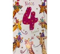 Kingfisher Cards 4th Birthday Card for Niece, Fun Giraffe Design with Party Hats, Stars and Glasses