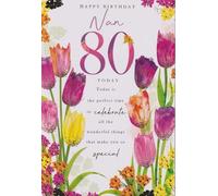 Kingfisher Cards 80th Birthday Card for Nan, Floral Tulip Design, 15 x 23 cm