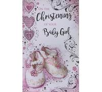 Kingfisher Cards Baby Girl Christening Card, Religious Celebration Greeting with Pink Hearts, Foil Details, Floral Design