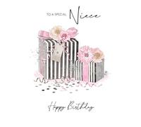 Kingfisher Cards Birthday Card for Niece, Elegant Pink Floral Design with Gift Box, Modern Style Greeting Card with Best Wishes Message