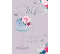 Kingfisher Cards Birthday Card for Wife - Floral Gin Glass Design - Embossed Foil Finish - Pretty Birthday Greeting Card for my Wonderful Wife - For Her