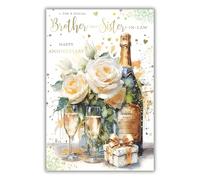 Kingfisher Cards Brother and Sister-in-Law Anniversary Card - Elegant Champagne and Floral Rose Bouquet Design - Happy Anniversary Card for Couple - Foil Finish