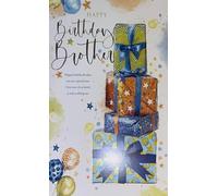 Kingfisher Cards Brother Birthday Card, Stacked Presents Design with Blue Bow, Foil Finish, Includes Envelope