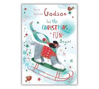 Kingfisher Cards Christmas Card for Godson - Cute Dog & Sledge Design - Foil Finish - Festive Christmas Greeting Card for a Special Godson - For Him