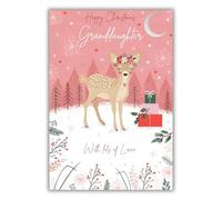 Kingfisher Cards Christmas Card for Granddaughter - Cute Woodland Deer Design - Foil Finish - Festive Christmas Greeting Card for Her