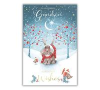 Kingfisher Cards Christmas Card for Grandson - Artistic Rabbit and Robins Design - Foil Finish - Festive Christmas Greeting Card for a Wonderful Grandson - For Him