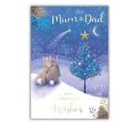Kingfisher Cards Christmas Card for Mum & Dad - Festive Tree & Rabbit Design - Foil Finish - Cute Christmas Greeting Card for a Special Couple