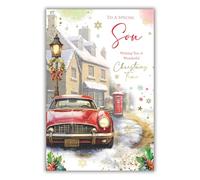 Kingfisher Cards Christmas Card for Son - Artistic Vintage Car Design - Foil Finish - Festive Christmas Greeting Card for a Special Son - For Him