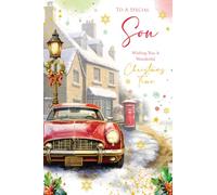 Kingfisher Cards Christmas Card for Son - Artistic Vintage Car Design - Foil Finish - Festive Christmas Greeting Card for a Special Son - For Him