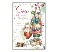 Kingfisher Cards Christmas Card for Son - Festive Beer & Present Design - Foil Finish - Artistic Christmas Greeting Card to a Special Son - For Him