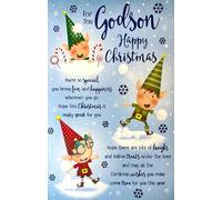 Kingfisher Cards Godson Christmas Card, Fun Festive Elves Design with Snowflakes, Holiday Greeting Card with Envelope