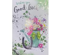 Kingfisher Cards Good Luck Card, Glitter & Foil Watering Can Design, Floral Horseshoe Theme, with Verse and Envelope