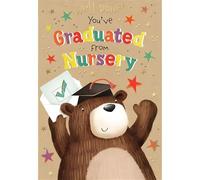 Kingfisher Cards Graduated from Nursery Card for Boys and Girls - Cheerful Bear Graduation Design - Well Done Card for Son, Daughter, Granddaughter, Grandson, Friends or Family - Foil Finish