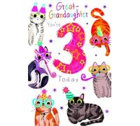 Kingfisher Cards Great-Granddaughter 3rd Birthday Card, Colorful Cats Design, 15 x 23 cm