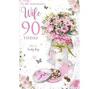 Kingfisher Cards Ltd 90th Birthday Card for Wife, Luxury Design with Flowers, Gift Box and Chocolates