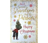 Kingfisher Cards Ltd Special Grandson and Partner Christmas Card, Gold Foil Snowflakes Design, Winter Scene with Christmas Tree