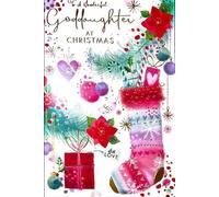 Kingfisher Cards Ltd Wonderful Goddaughter Christmas Card, Festive Stocking Design with Gold Foil, Glitter Accents, Poinsettia and Baubles