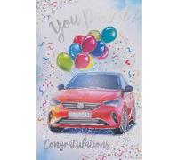 Kingfisher Cards Ltd You Passed Driving Test Card, Red Car Design with Balloons, Glitter and Silver Foil Finish, with Envelope