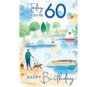 Kingfisher Cards Male 60th Milestone Birthday Card - Age 60 - Lakeside Dog Walk and Boats with Embossed Foil Details