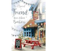 Kingfisher Cards Male Special Friend Birthday Greeting Card - From The Aura Range - Pub Beer Garden And Bicycle -With A Silver Foil Finish - For Him