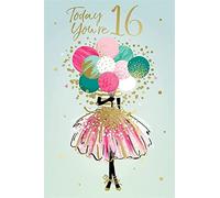 Kingfisher Cards Milestone Age 16 Birthday Greeting Card - From The Shimmer Range - Girl With Pink Skirt & Balloons - With A Gold Foil Finish - For Her