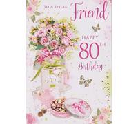 Kingfisher Cards Special Friend 80th Birthday Card, Pink Floral Design, 15 x 23 cm
