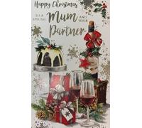 Kingfisher Cards Special Mum and Partner Christmas Card, Luxury Glitter Finish, Traditional Festive Design with Pudding and Wine