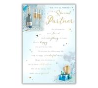 Kingfisher Cards Special Partner Birthday Card - Happy Birthday Card for Men with Sentimental Poem and Artistic Champagne and Presents Design with a Foil Finish