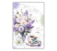 Kingfisher Cards Special Sister and Brother in Law Anniversary Card - Elegant Floral Bouquet and Tea-cup Design - Happy Anniversary Card for a Special Couple - Foil Finish