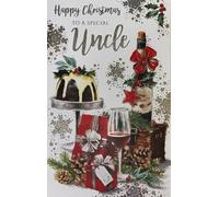 Kingfisher Cards Special Uncle Christmas Card, Traditional Festive Design with Pudding and Gifts, Luxury Glitter Finish, with Envelope