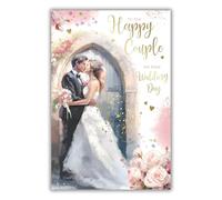 Kingfisher Cards Wedding Congratulations Card - Wedding Congratulations Card with Artistic Floral 'Happy Couple' Bride and Groom Design with an Embossed Foil Finish