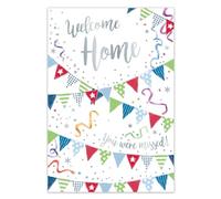 Kingfisher Cards Welcome Home Card - Bunting Celebration Design with Foil Finish & Illustrated Insert Leaf, Eco-Friendly & Made in the UK