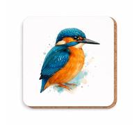 Kingfisher Coaster with Watercolour Bird Design, Ceramic or MDF with Cork Backing, Round or Square (Square - MDF 9cm)