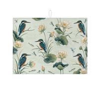 Kingfisher Dish Drying Mats for Kitchen Counter, Green Floral Absorbent Dish Drainer Rack Mat, Spring Nature Microfiber Drying Pad for Coffee Bar Protector 18x24 Inch