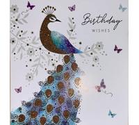 Kingfisher Glitter Peacock Birthday Card, Luxury Design with Gold Accents, Butterflies and Floral Pattern, Just For You Message