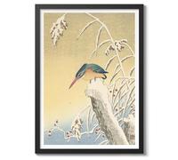 Kingfisher In The Snow Ohara Koson Poster, Japanese Woodblock Ukiyo-E Print, Vintage Bird Art Picture Animal Painting Wall Art Exhibition, Japan Birds Home Decor, A4 (Black Frame) - 32.7x24.1cm