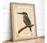 Kingfisher on Branch Botanical Framed Wall Art Print A4 (29.7×21cm) Oak, Wall Decor for Living Room, Bedroom, Office & Home, Ready to Hang, Art Gift
