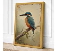 Kingfisher on Branch Vintage Canvas Wall Art Print 18x12 Inch (46 x 30 cm)