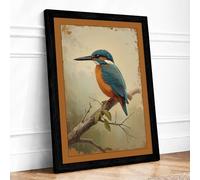 Kingfisher on Branch Vintage Framed Wall Art Print A3 (42×29.7cm) Black, Wall Decor for Living Room, Bedroom, Office & Home, Ready to Hang, Art Gift