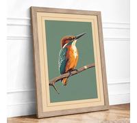 Kingfisher on Branch Vintage Framed Wall Art Print A3 (42×29.7cm) Oak, Wall Decor for Living Room, Bedroom, Office & Home, Ready to Hang, Art Gift