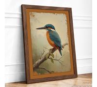 Kingfisher on Branch Vintage Framed Wall Art Print A3 (42×29.7cm) Walnut, Wall Decor for Living Room, Bedroom, Office & Home, Ready to Hang, Art Gift