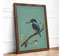 Kingfisher on Golden Branch Botanical Framed Wall Art Print A4 (29.7×21cm) Walnut, Wall Decor for Living Room, Bedroom, Office & Home, Ready to Hang, Art Gift