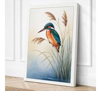 Kingfisher on Reed Botanical Canvas Wall Art Print 18x12 Inch (46 x 30 cm)