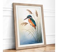 Kingfisher on Reed Botanical Framed Wall Art Print A1 (84.1×59.4cm) Oak, Wall Decor for Living Room, Bedroom, Office & Home, Ready to Hang, Art Gift