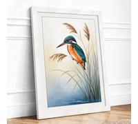 Kingfisher on Reed Botanical Framed Wall Art Print A2 (59.4×42cm) White, Wall Decor for Living Room, Bedroom, Office & Home, Ready to Hang, Art Gift