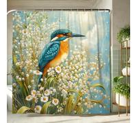 Kingfisher Shower Curtain, Colorful Bird Floral Bath Curtain for Bathroom Decor, Spring Summer Modern Nature Inspired Waterproof Fabric Shower Curtain Set with Hooks 72x72 Inch